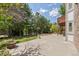 Backyard view featuring a concrete patio, lush trees, and a well-maintained lawn at 9117 Buck Hill Dr, Highlands Ranch, CO 80126