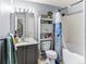 Bathroom featuring vanity with granite counters, a shower and tub combination, and grey color scheme at 8361 S Upham Way # 209, Littleton, CO 80128