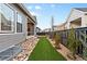 Landscaped backyard with rocks, artificial grass, and a black fence under a bright blue sky at 11412 Autumn Moon St, Littleton, CO 80125