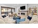 Cozy living room with fireplace, large sofa, and patio access at 11412 Autumn Moon St, Littleton, CO 80125