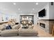 Open living area with fireplace, comfortable sofa, and sliding glass doors at 11412 Autumn Moon St, Littleton, CO 80125