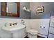 Powder room with pedestal sink and white wainscoting at 334 Humphrey Dr, Evergreen, CO 80439