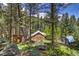 Secluded home is surrounded by towering pine trees and features a rustic shed at 7364 Rossman Gulch Rd, Morrison, CO 80465