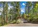 Exterior shot of a wooded cabin home and detached garage with natural landscaping at 7364 Rossman Gulch Rd, Morrison, CO 80465