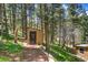 A shed surrounded by trees features a wood door and unique cattle skull accent at 7364 Rossman Gulch Rd, Morrison, CO 80465