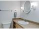 Bathroom features sink with vanity, mirror, modern lighting, and a toilet at 3026 S Alton Ct, Denver, CO 80231
