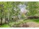 Backyard featuring mature aspen trees, grassy areas, and a storage area at 1324 Virginia St, Idaho Springs, CO 80452