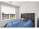 Cozy bedroom with a large window, comfortable bed with a blue comforter, and white walls at 9227 Rolling Way # 201, Parker, CO 80134