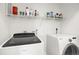 Well-equipped laundry room with modern washer and dryer, and wire shelving for storage at 9227 Rolling Way # 201, Parker, CO 80134