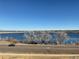Beautiful expansive lake view with a truck driving by, bare winter trees, and a wide blue sky at 2617 Channel Dr, Highlands Ranch, CO 80129