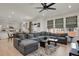 Bright, open-concept living room with a large sectional sofa, modern ceiling fan, and stylish window coverings at 24555 E Ohio Dr, Aurora, CO 80018