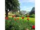 Lush backyard with a view of the mountains and vibrant red flowers in the foreground at 5384 Olde Stage Rd, Boulder, CO 80302