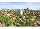 Aerial view of a neighborhood surrounded by trees, with a city skyline view at 734 N Downing St, Denver, CO 80218