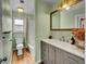 Bathroom featuring marble countertop, gray cabinets and updated fixtures at 810 Miner St, Idaho Springs, CO 80452