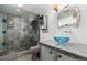 Unusual bathroom with glass shower, vessel sink, and unique metal finishes at 1745 Wazee St # 5E, Denver, CO 80202