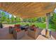 Covered backyard patio with fire pit, outdoor furniture, and a professionally landscaped yard at 6566 S Telluride St, Aurora, CO 80016