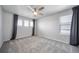 Spacious bedroom featuring a ceiling fan, neutral walls, plush carpeting, and ample natural light from the windows at 18189 House Finch Ln, Parker, CO 80134