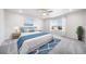 Comfortable bedroom showcases a large window with neighborhood views and a serene blue color palette at 18189 House Finch Ln, Parker, CO 80134