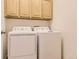 Functional laundry room with front load washer and dryer and storage above at 3491 Cascina Pl # D, Highlands Ranch, CO 80126