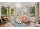 Bright living room with a pink sofa, stylish glass coffee table, and lots of windows offering abundant natural light at 3220 Zuni St, Denver, CO 80211