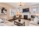 Cozy living room showcasing a fireplace, a modern light fixture, and neutral-toned furniture, perfect for relaxation at 9724 Cantabria Pt, Lone Tree, CO 80124