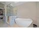 Bright bathroom featuring modern soaking tub and walk-in shower with custom herringbone tile at 756 Dreamcatcher Ln, Evergreen, CO 80439