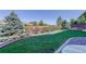 A backyard with a lush green lawn, bordered by stone and decorative foliage at 14077 Yellow Tip Drive, Parker, CO 80134