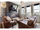 Bright living room featuring a modern fireplace, leather furniture, and large windows with natural light at 1525 W 68Th Ave, Denver, CO 80221