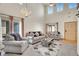 Spacious living room with tall ceilings, a ceiling fan, and ample natural light from multiple windows at 1214 S Akron Way, Denver, CO 80247
