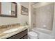 Cozy bathroom with a granite countertop, tiled shower and tub combination, and a framed mirror at 2601 Loyd Cir, Parker, CO 80138