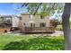 Beautiful backyard with deck, lush lawn, mature landscaping, and patio area at 408 Sylvestor Trl, Highlands Ranch, CO 80129