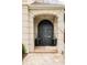 Elegant front entrance featuring a large arched black double door, stone steps, potted plants, and decorative wreaths at 350 Adams St, Denver, CO 80206