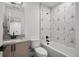 Stylish bathroom with patterned tile, shower-tub combo, and a modern vanity, combining functionality with aesthetics at 2451 Lawrence St # 2, Denver, CO 80205