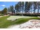 Backyard putting green and sand trap, surrounded by mature trees and manicured landscaping at 8417 High Ridge Ct, Castle Pines, CO 80108
