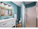 Modern blue bathroom with a white vanity and glass-enclosed shower at 13225 W Jewell Cir, Lakewood, CO 80228