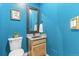 Powder room with teal walls, a granite vanity, and a pedestal sink at 402 S County Road 129, Bennett, CO 80102