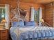 Comfortable bedroom with wood accents, a decorative fur throw, and soft blue bedding at 451 Harris Dr, Idaho Springs, CO 80452