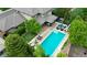 Aerial view of a gorgeous pool and backyard patio with manicured landscaping at 9470 S Silent Hills Dr, Lone Tree, CO 80124