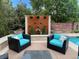 Stylish poolside patio with plush seating, elegant wall decor, and dual fire pits for ambient lighting at 9470 S Silent Hills Dr, Lone Tree, CO 80124