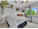 Bedroom with a large window, a black and white quilt, and many plants on shelves at 16941 E Eastman Pl, Aurora, CO 80013