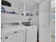 Laundry room with washer, dryer, white shelves, and a bright white painted door at 16941 E Eastman Pl, Aurora, CO 80013