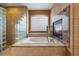 Luxurious bathroom with jacuzzi tub, glass block details, and fireplace at 6047 Vacquero Cir, Castle Pines, CO 80108