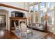 Bright living room features a fireplace, soaring ceilings, large windows and sophisticated furnishings at 6047 Vacquero Cir, Castle Pines, CO 80108