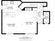 A black and white floor plan rendering of the home's first floor, featuring a kitchen, dining area, living room and bathroom at 7777 E 23Rd Ave # 1406, Denver, CO 80238