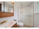 Bathroom featuring a white sink and toilet, mirrored medicine cabinet, and enclosed shower stall at 8731 W 89Th Pl, Broomfield, CO 80021