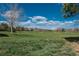 Beautiful view of an expansive grassy field under a partly cloudy blue sky with a goal and some mountains in the background at 8775 W Berry Ave # 101, Littleton, CO 80123