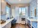 Bright home office with two workspaces, blue patterned walls, and natural light at 4616 Girardot Pt, Castle Rock, CO 80104