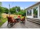 Outdoor patio features a fire pit with chairs, landscaped yard, and backyard access at 6402 Iris Ct, Arvada, CO 80004