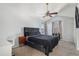 Bright bedroom featuring carpet, ceiling fan, and two windows at 11083 Quail Ct, Parker, CO 80134