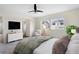 Bright and comfortable main bedroom with a ceiling fan, a window view, and minimalist decor at 17258 E 109Th Ave, Commerce City, CO 80022